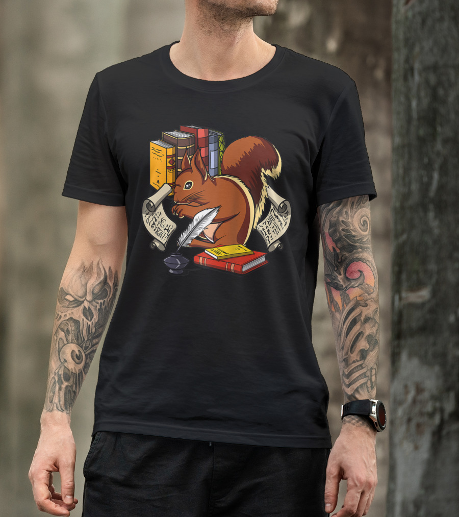 Squirrel Reading With Books Quill Scrolls Nerd Geek Student T-Shirt