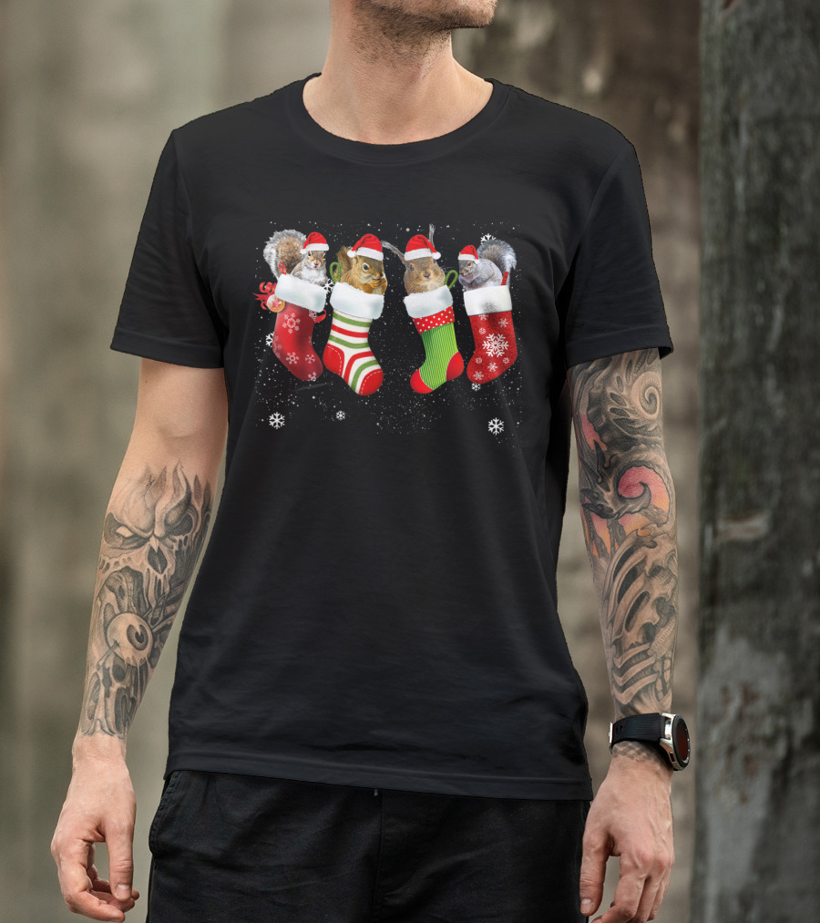 Santa Squirrel In Christmas Socks Winter Holiday Fun T-Shirt