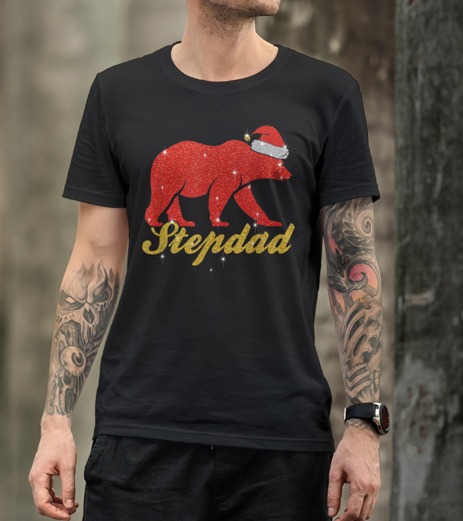 Stepdad Bear Glitter Red Santa Hat T-Shirt