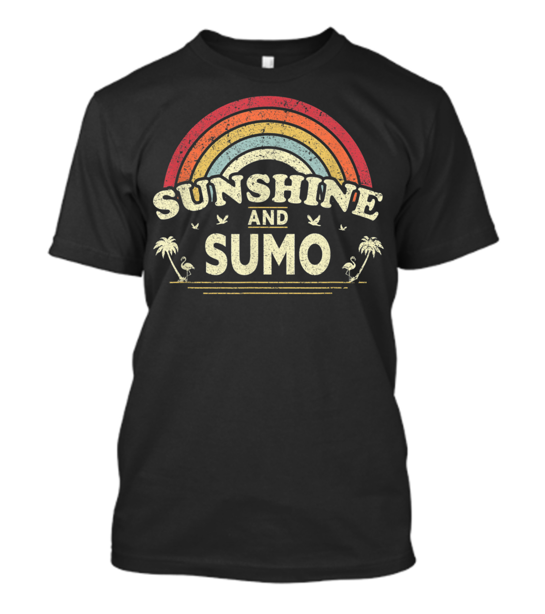 Sunshine And Sumo Retro Rainbow With Palm Trees And Flamingos T-Shirt