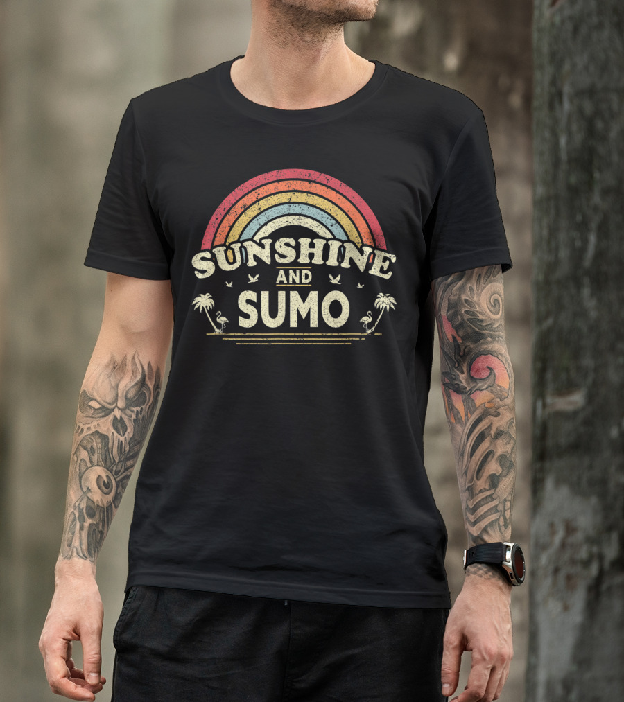 Sunshine And Sumo Retro Rainbow With Palm Trees And Flamingos T-Shirt