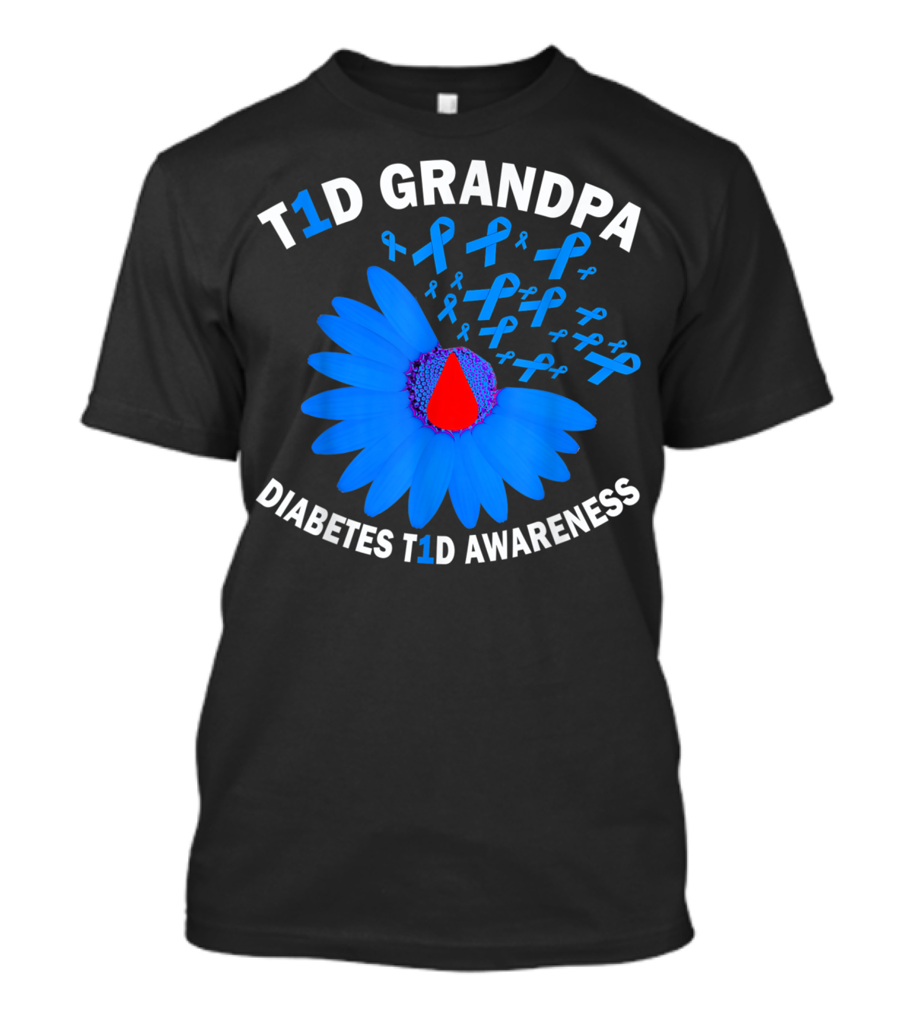 T1D Grandpa Diabetes T1D Awareness Blue Flower Ribbons T-Shirt