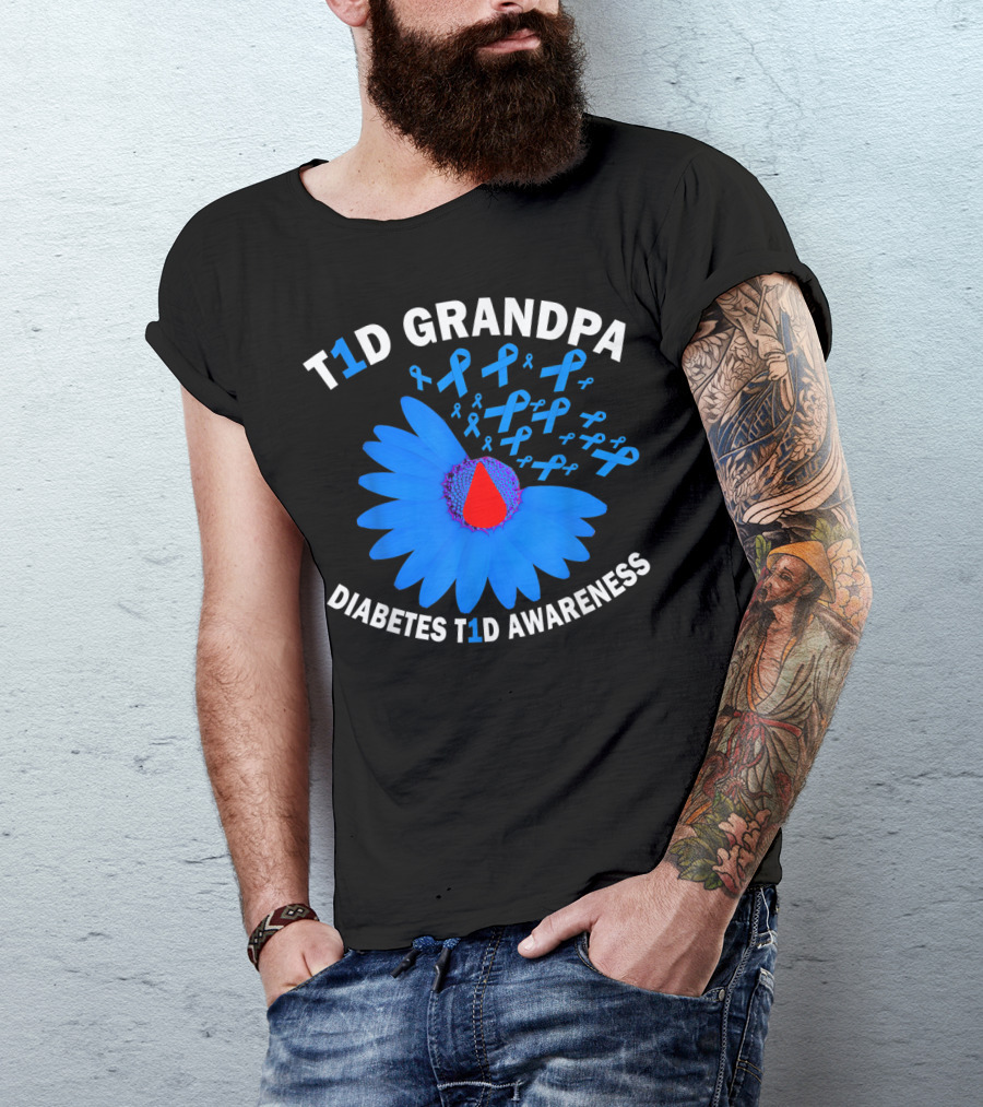 T1D Grandpa Diabetes T1D Awareness Blue Flower Ribbons T-Shirt