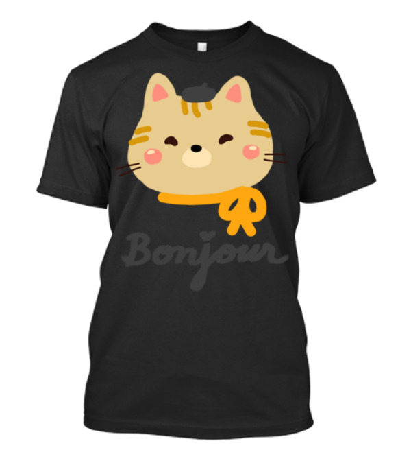 Bonjour Cute Kitty Cat With Beret Scarf And Whiskers T-Shirt