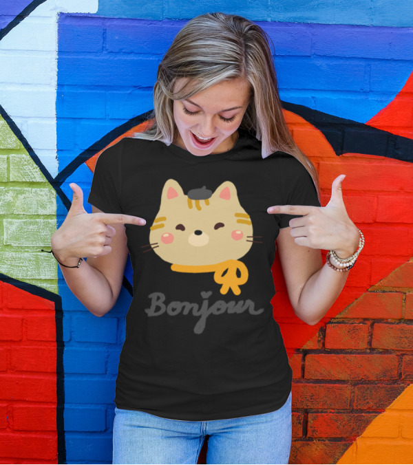 Bonjour Cute Kitty Cat With Beret Scarf And Whiskers T-Shirt