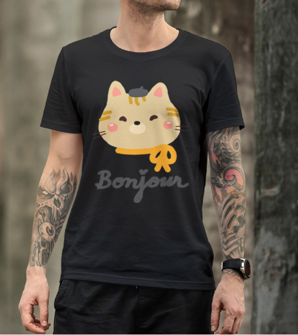 Bonjour Cute Kitty Cat With Beret Scarf And Whiskers T-Shirt
