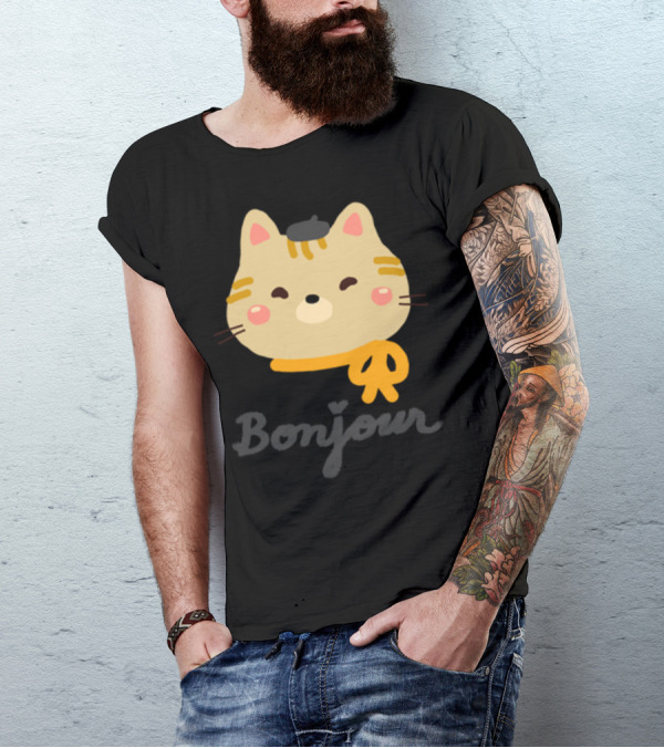 Bonjour Cute Kitty Cat With Beret Scarf And Whiskers T-Shirt