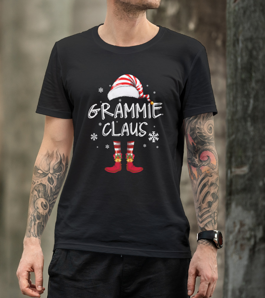 Grammie Claus Red Candy Cane Hat With Striped Socks And Boots Snowflakes Christmas T-Shirt