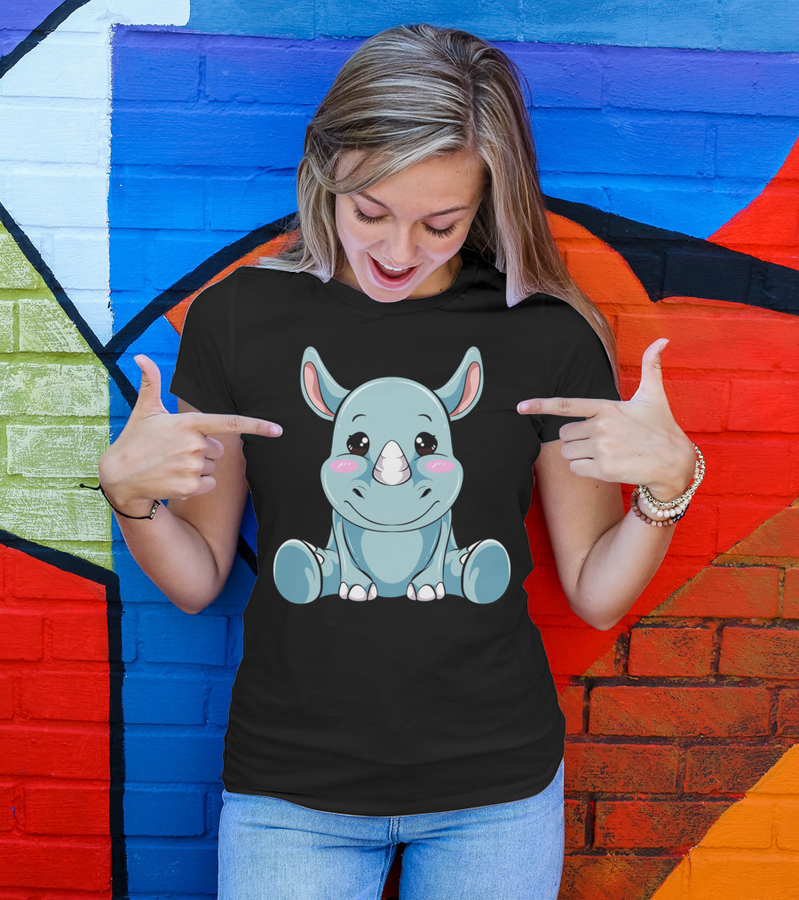 Kawaii Rhino Cute Rhinoceros Funny Chubby Adorable Sitting Character T-Shirt