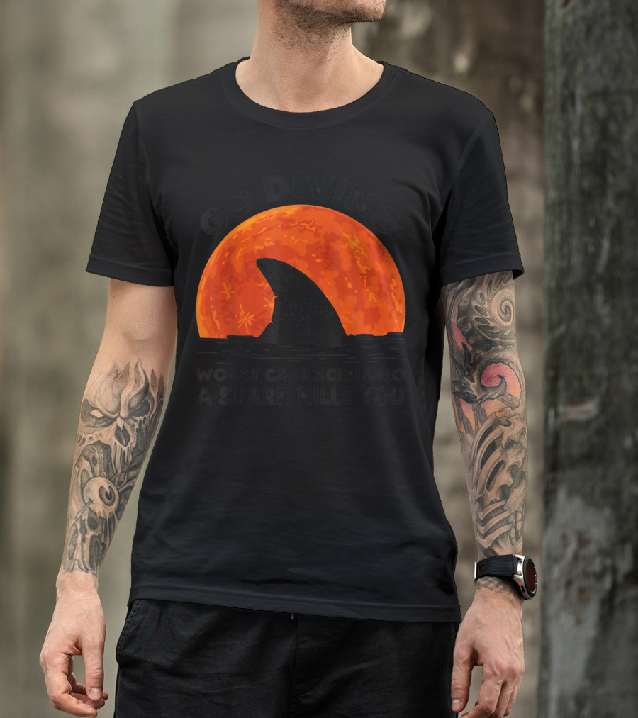 Go Diving Worst Case Scenario A Shark Kills You Against Orange Moon Background T-Shirt