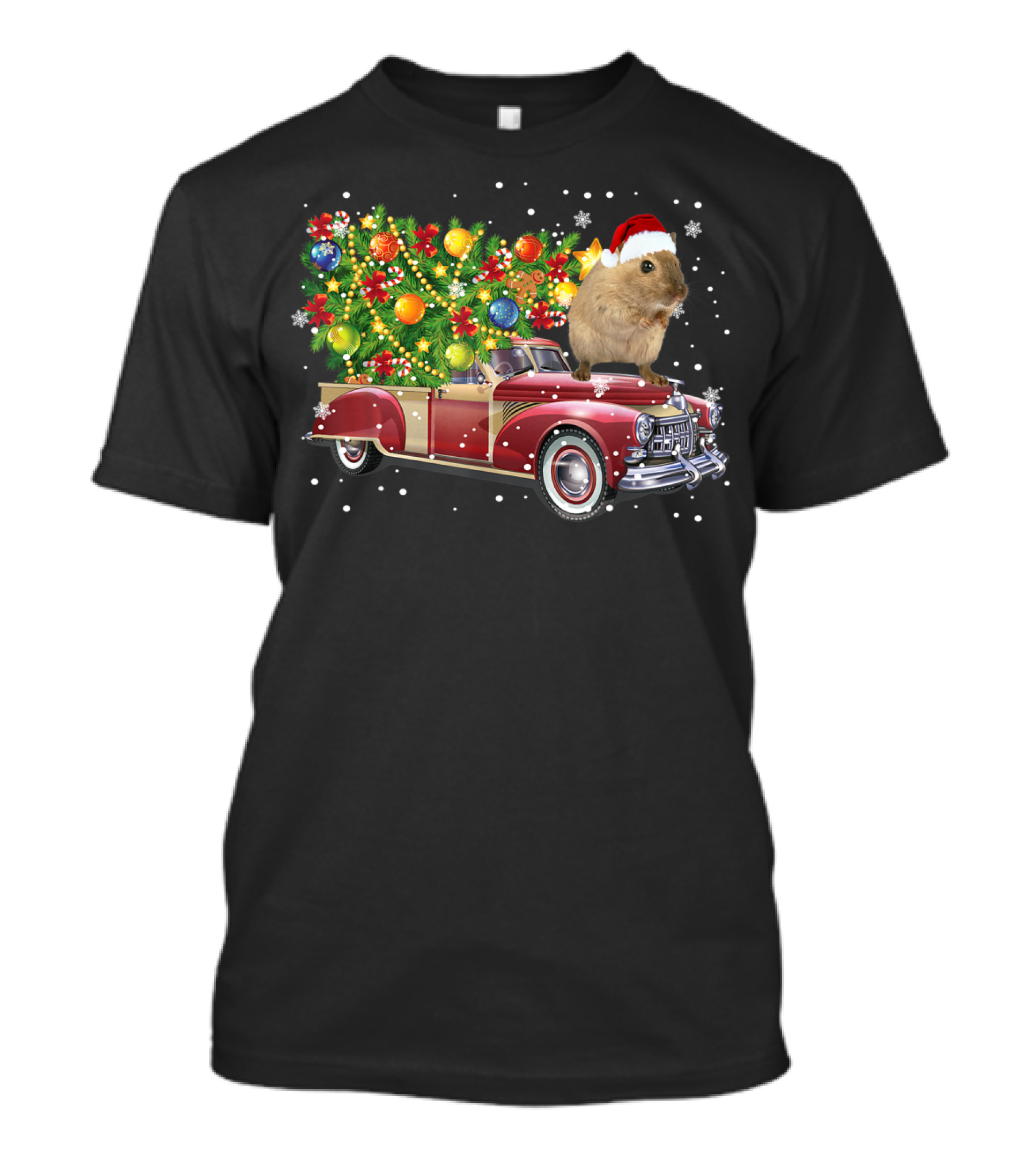 Hamster Wearing Santa Hat Riding Red Vintage Truck With Christmas Tree And Ornaments T-Shirt