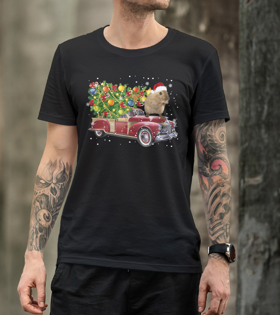 Hamster Wearing Santa Hat Riding Red Vintage Truck With Christmas Tree And Ornaments T-Shirt