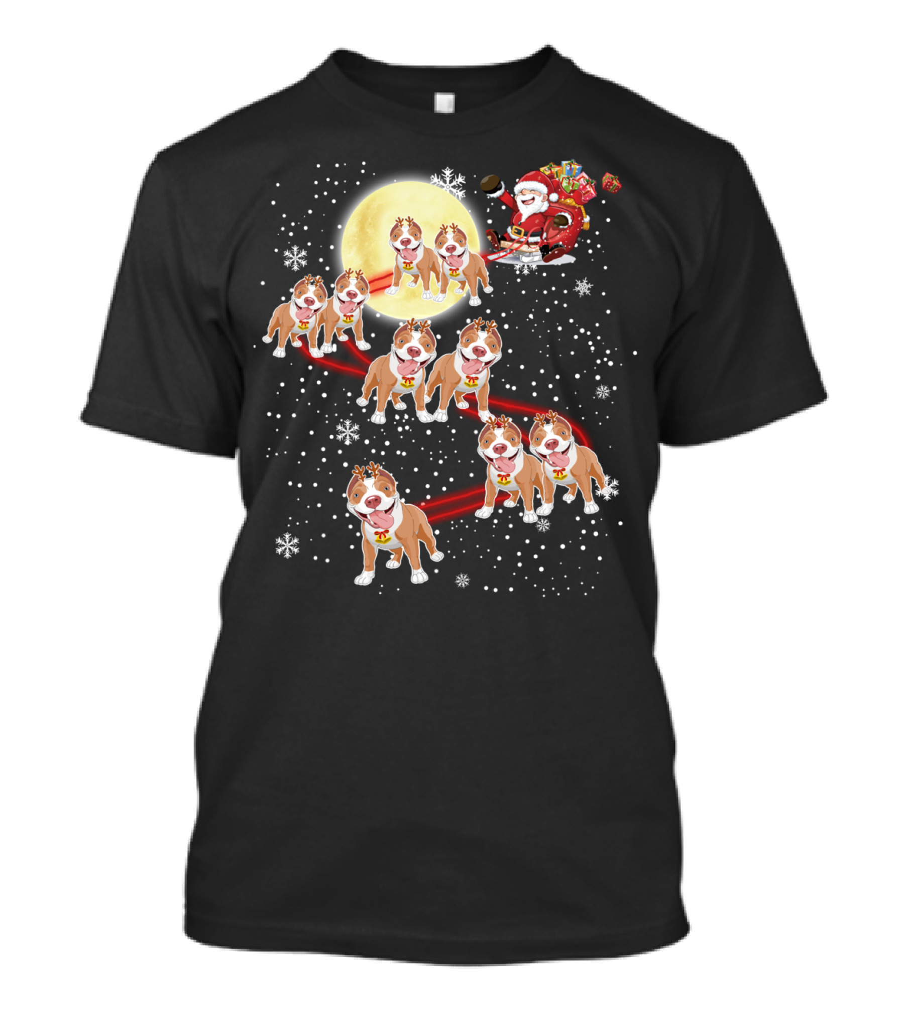 Pitbulls Pulling Santa's Sleigh Under Full Moon T-Shirt