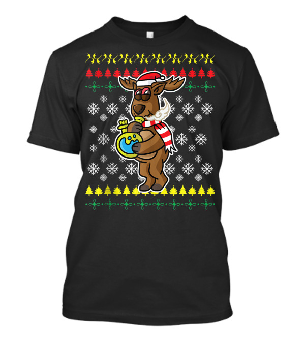 Reindeer Smoking Weed Stoned Rudolph Ugly Christmas Sweater Snowflakes T-Shirt