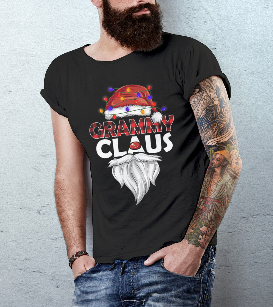 GRAMMY CLAUS Christmas Lights Santa Hat Beard T-Shirt