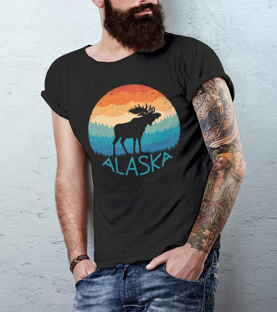 Alaska Retro Moose Vintage Mountain State Sunset Scene T-Shirt