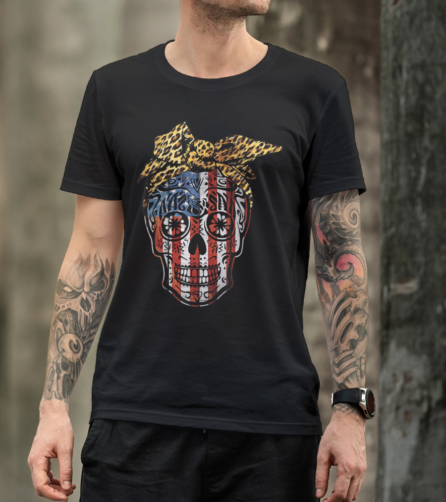 American Sugar Skull With Patriotic Stripes And Leopard Print Bow Fourth Of July T-Shirt