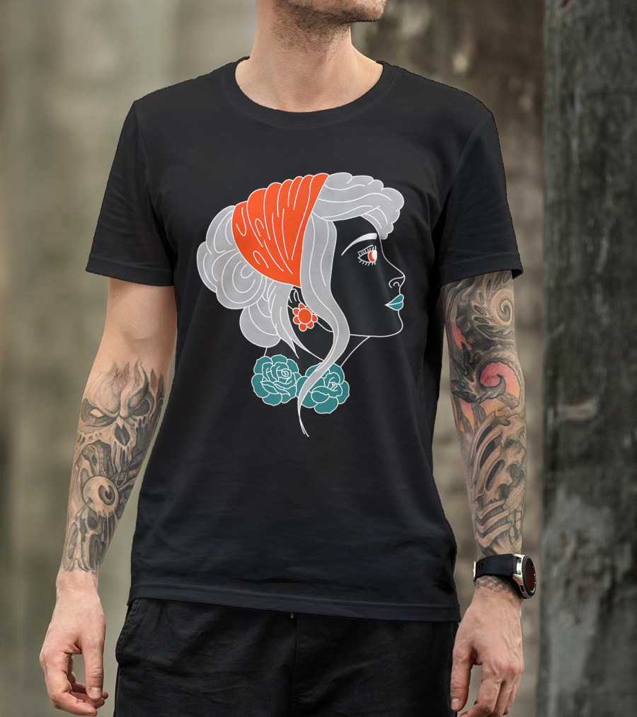 American Traditional Tattoo Gypsy Woman With Orange Headscarf And Roses T-Shirt