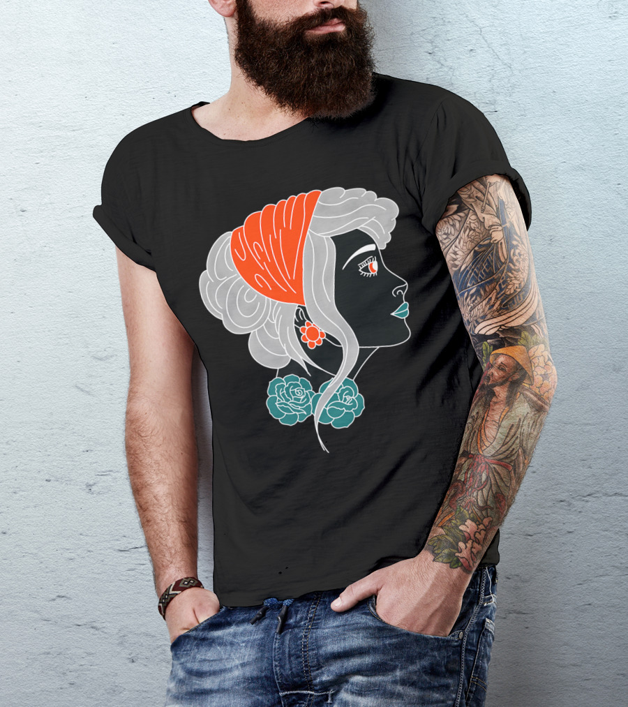 American Traditional Tattoo Gypsy Woman With Orange Headscarf And Roses T-Shirt