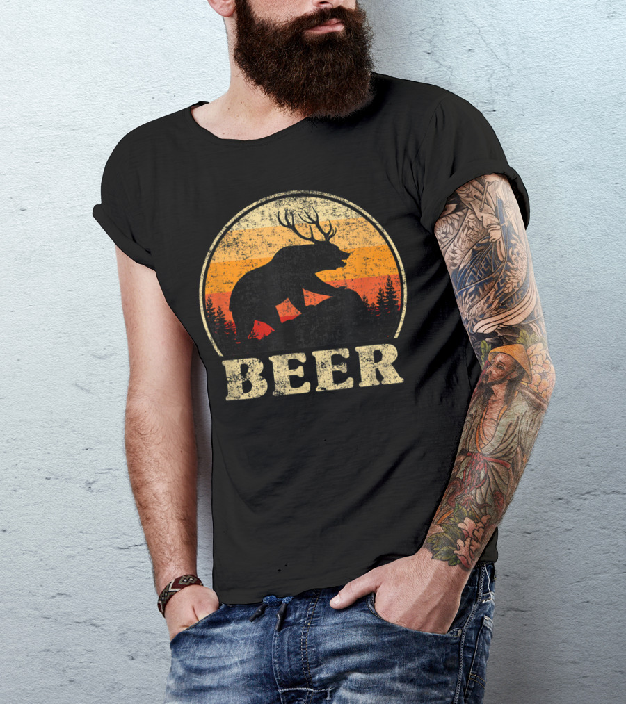 Bear Deer Beer Retro Vintage Silhouette Forest Sunset T-Shirt
