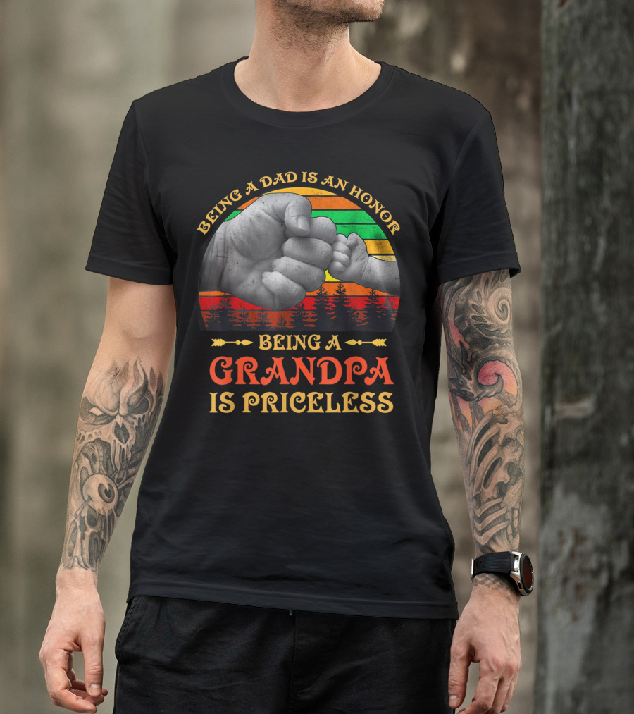 Being A Dad Is An Honor Being A Grandpa Is Priceless Fist Bump Retro Sunset T-Shirt