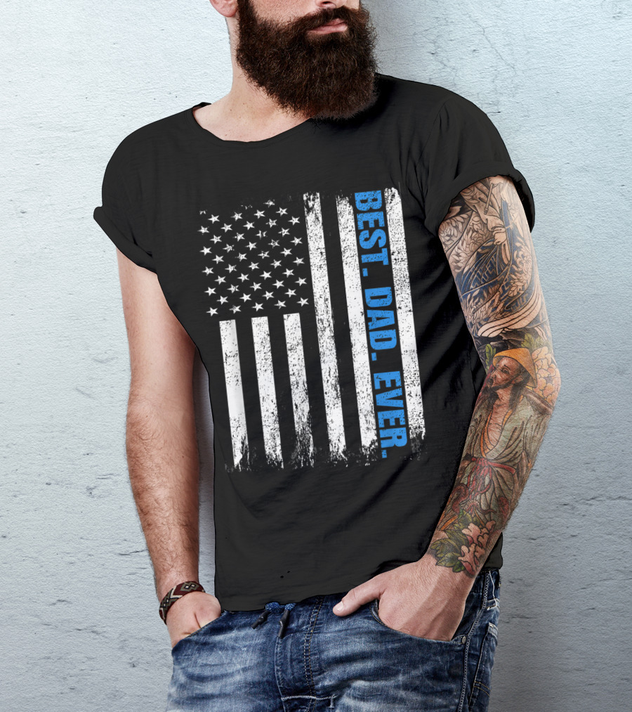 Best Dad Ever USA Flag Fathers Day Police Thin Blue Line T-Shirt