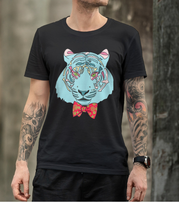 Colorful Tiger Head With Spiraled Bow Tie T-Shirt