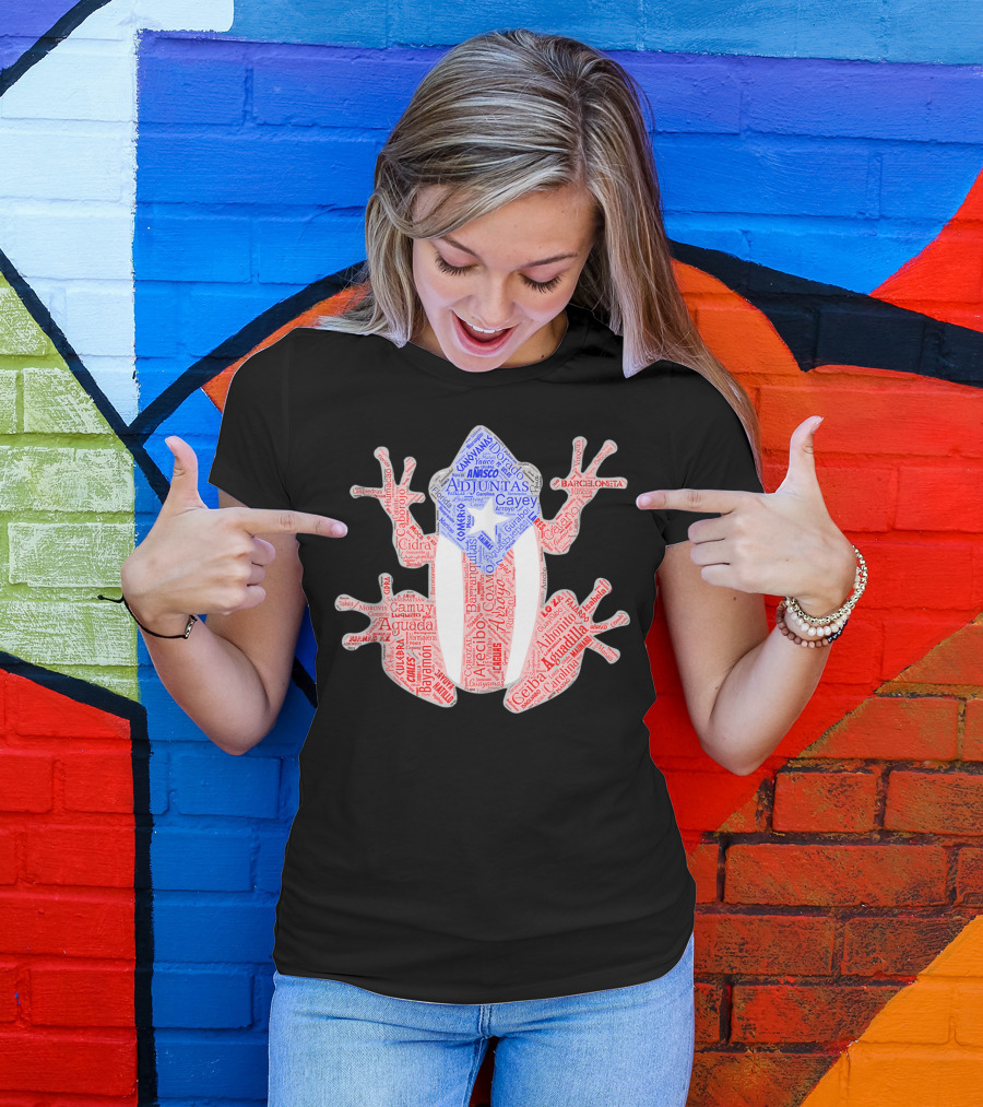 Coqui Taino Puerto Rico Cities Boricua Flag Adjuntas Aguadilla Arecibo Barceloneta Caguas Cayey Ceiba Cidra Coamo Guayama Manati Morovis Yauco T-Shirt