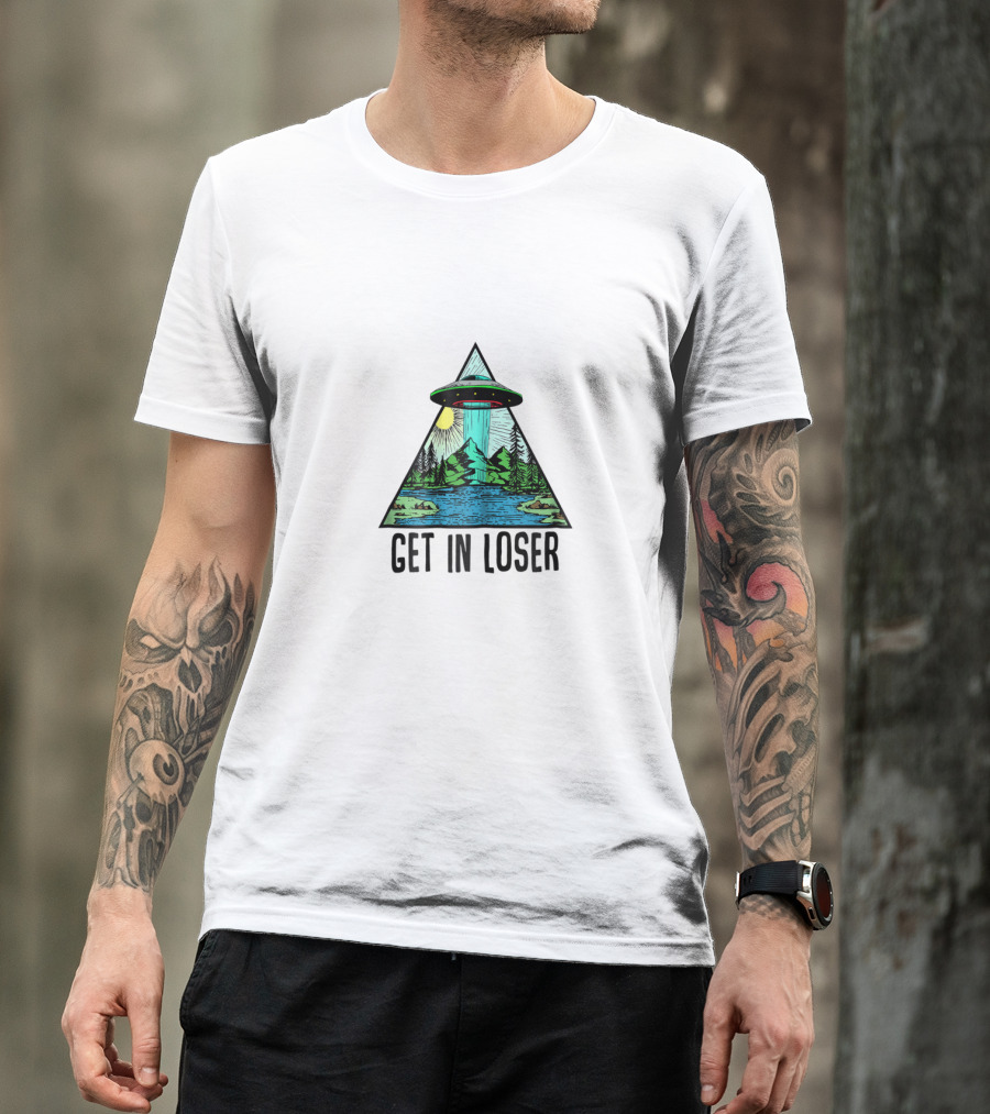Get In Loser UFO Abduction Triangle With Forest And Lake Scene T-Shirt