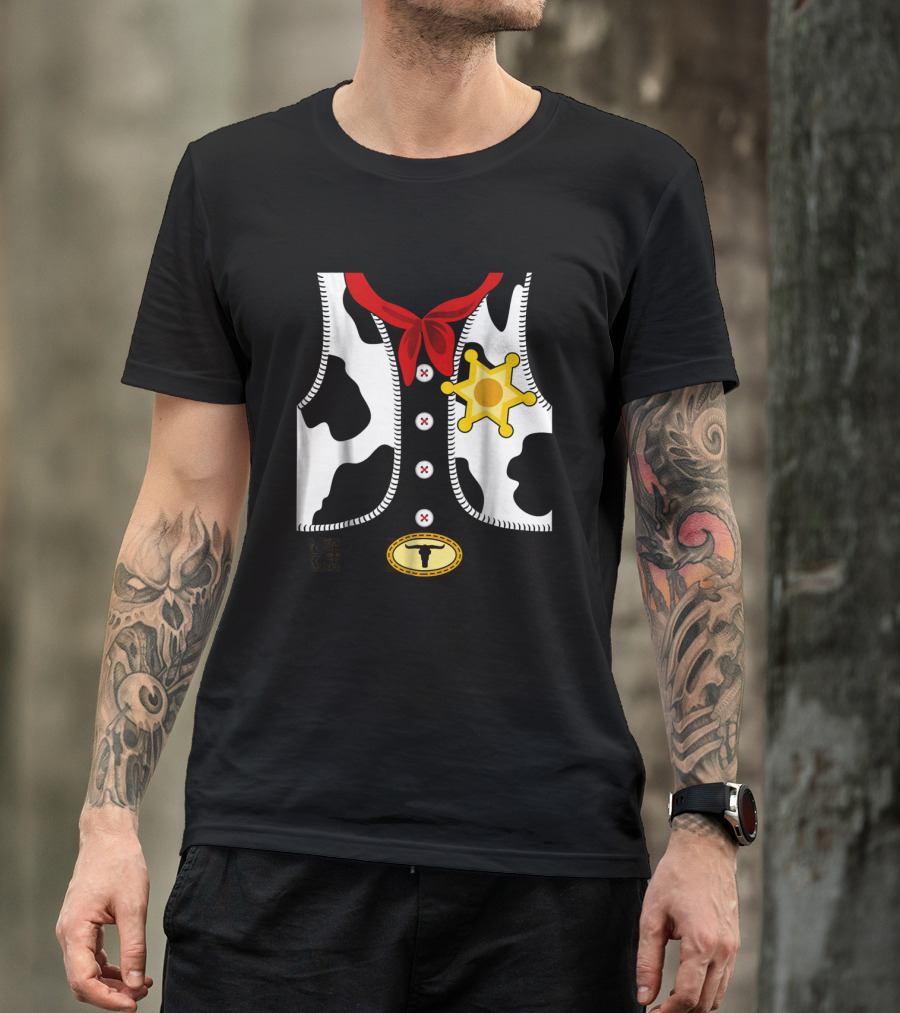 Sheriff Costume Cow Print Vest With Badge And Red Neck Scarf T-Shirt