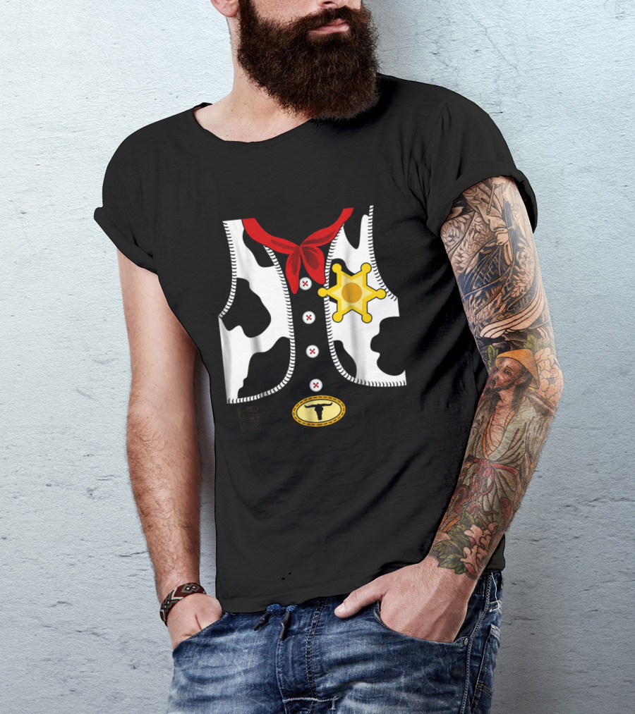 Sheriff Costume Cow Print Vest With Badge And Red Neck Scarf T-Shirt