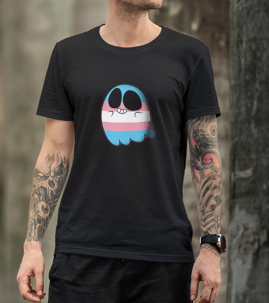 Cute Happy Ghost With Transgender Pride Flag Stripes T-Shirt