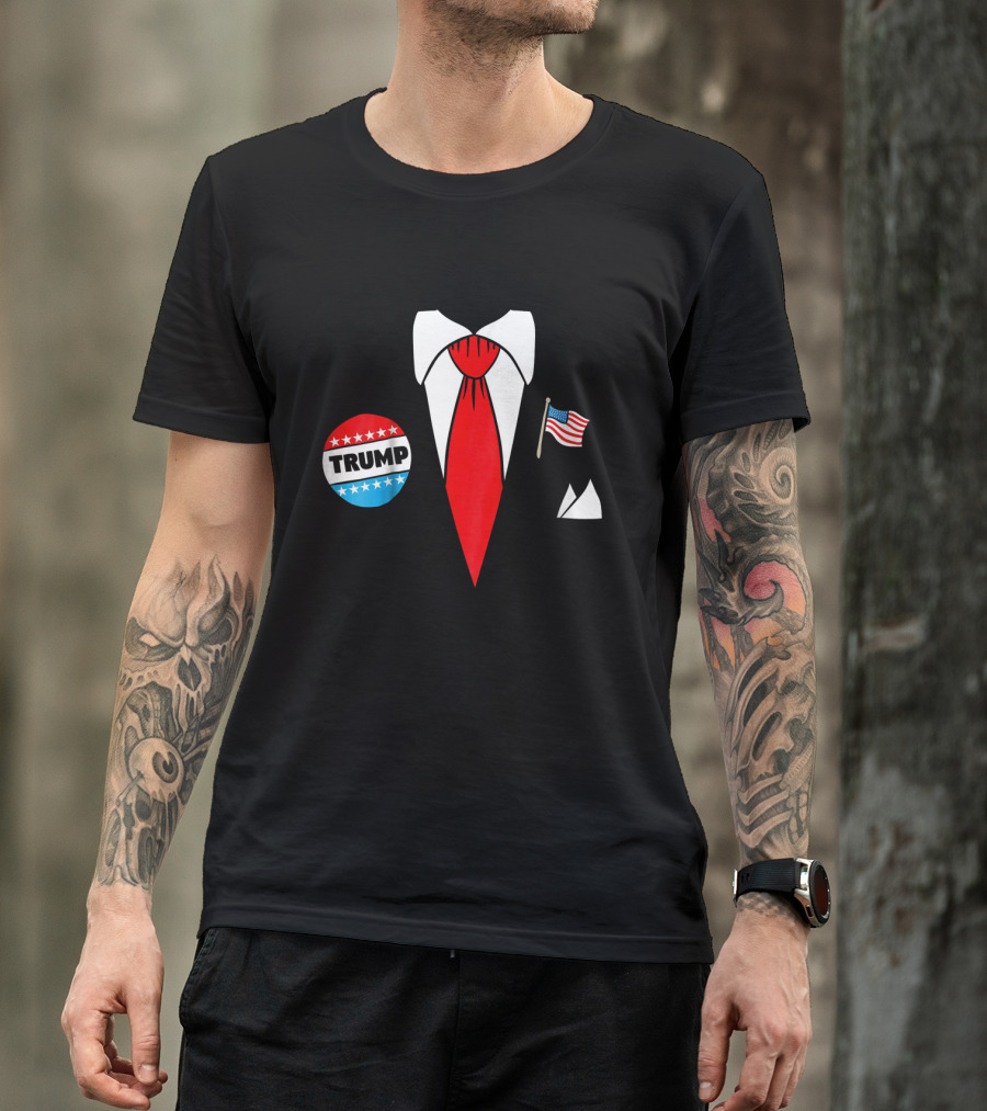 Funny Donald Trump Halloween Costume Cartoon With Red Tie, Trump Button, And USA Flag T-Shirt