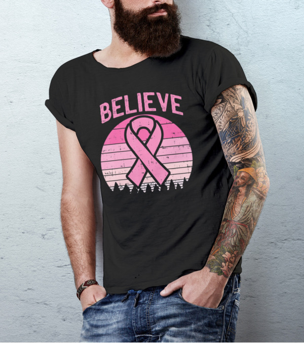 Believe Pink Ribbon Sunset Breast Cancer Awareness T-Shirt