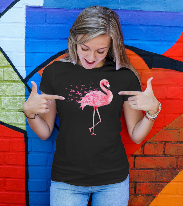 Cute Flamingo Breast Cancer Awareness Pink Ribbon T-Shirt