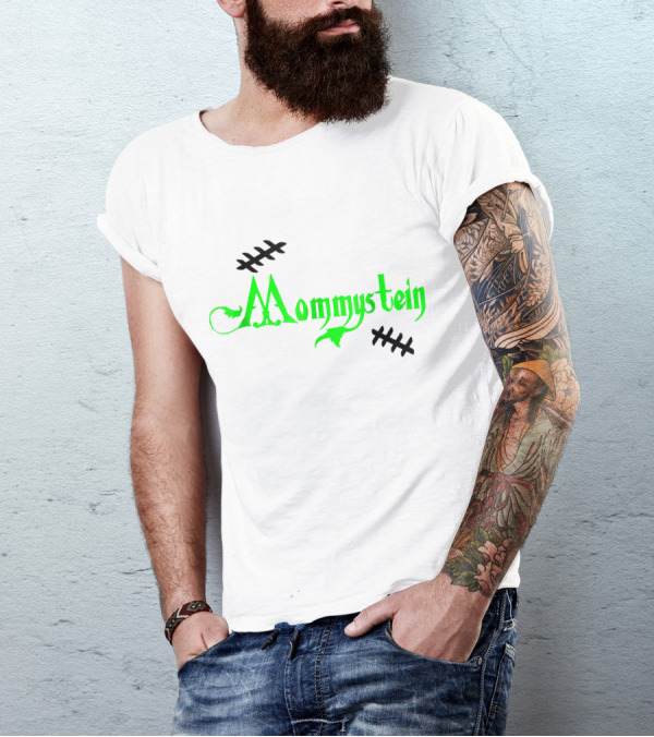 Mommystein Frankenstein Inspired Green And Black Stitched Text T-Shirt