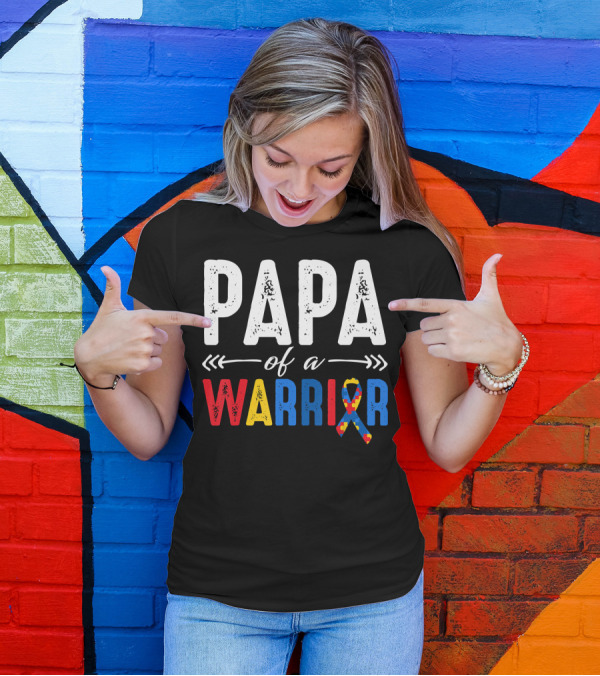 Papa Of A Warrior Autism Awareness Grandpa Colorful Puzzle T-Shirt