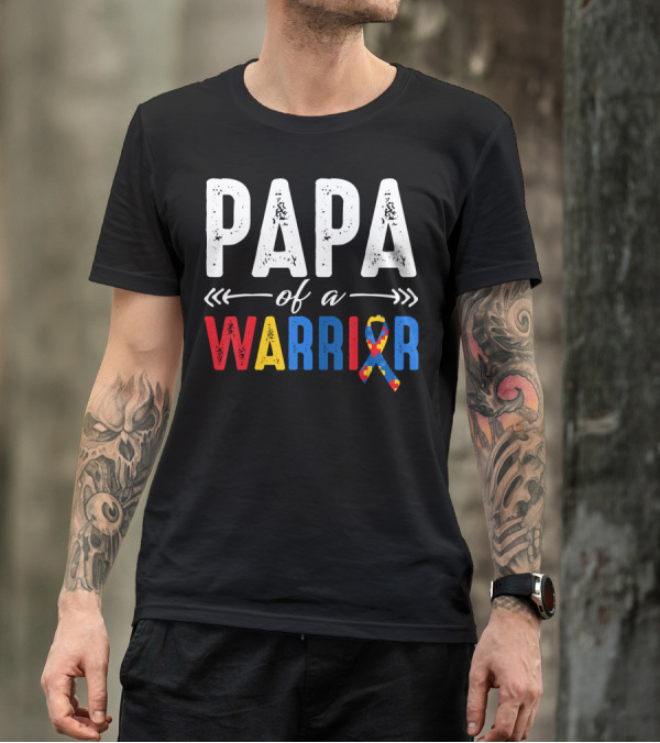 Papa Of A Warrior Autism Awareness Grandpa Colorful Puzzle T-Shirt
