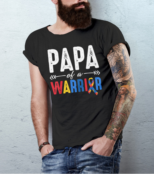 Papa Of A Warrior Autism Awareness Grandpa Colorful Puzzle T-Shirt