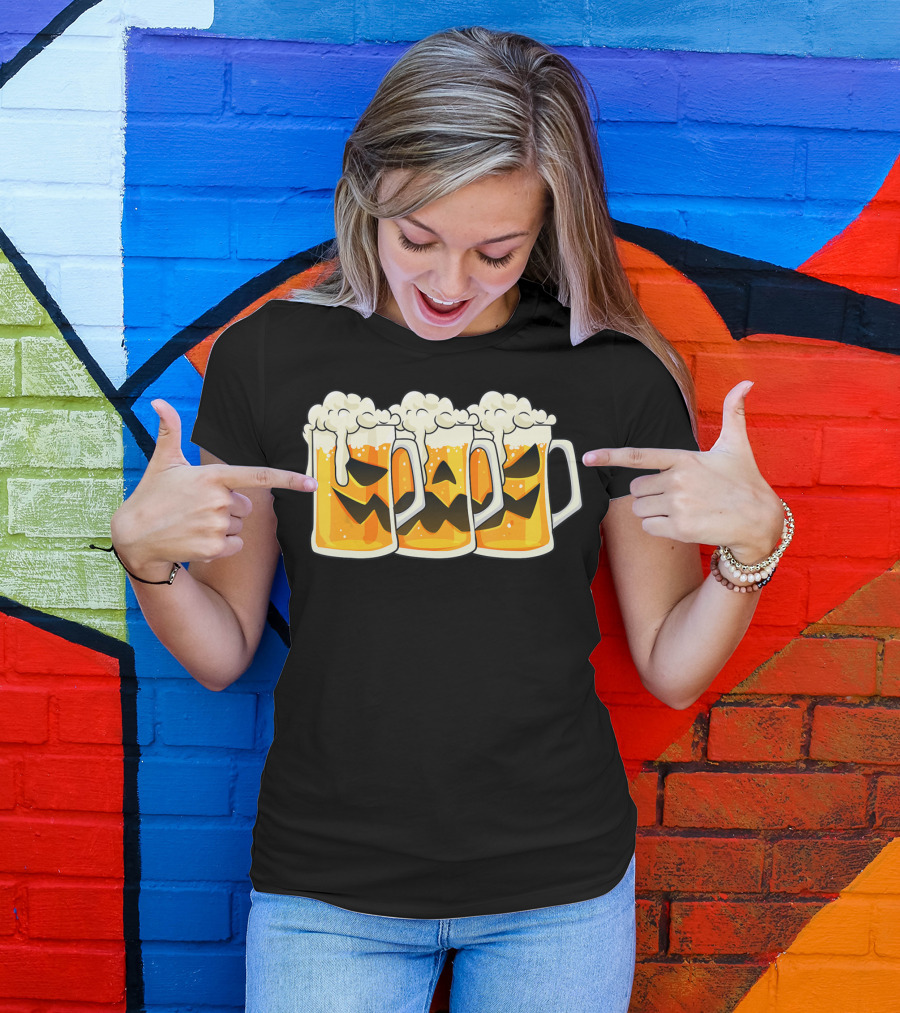 Halloween Jack O Lantern Beer Mug Faces T-Shirt