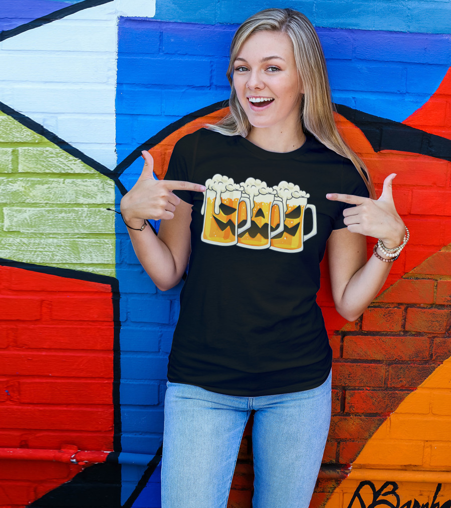 Halloween Jack O Lantern Beer Mug Faces T-Shirt