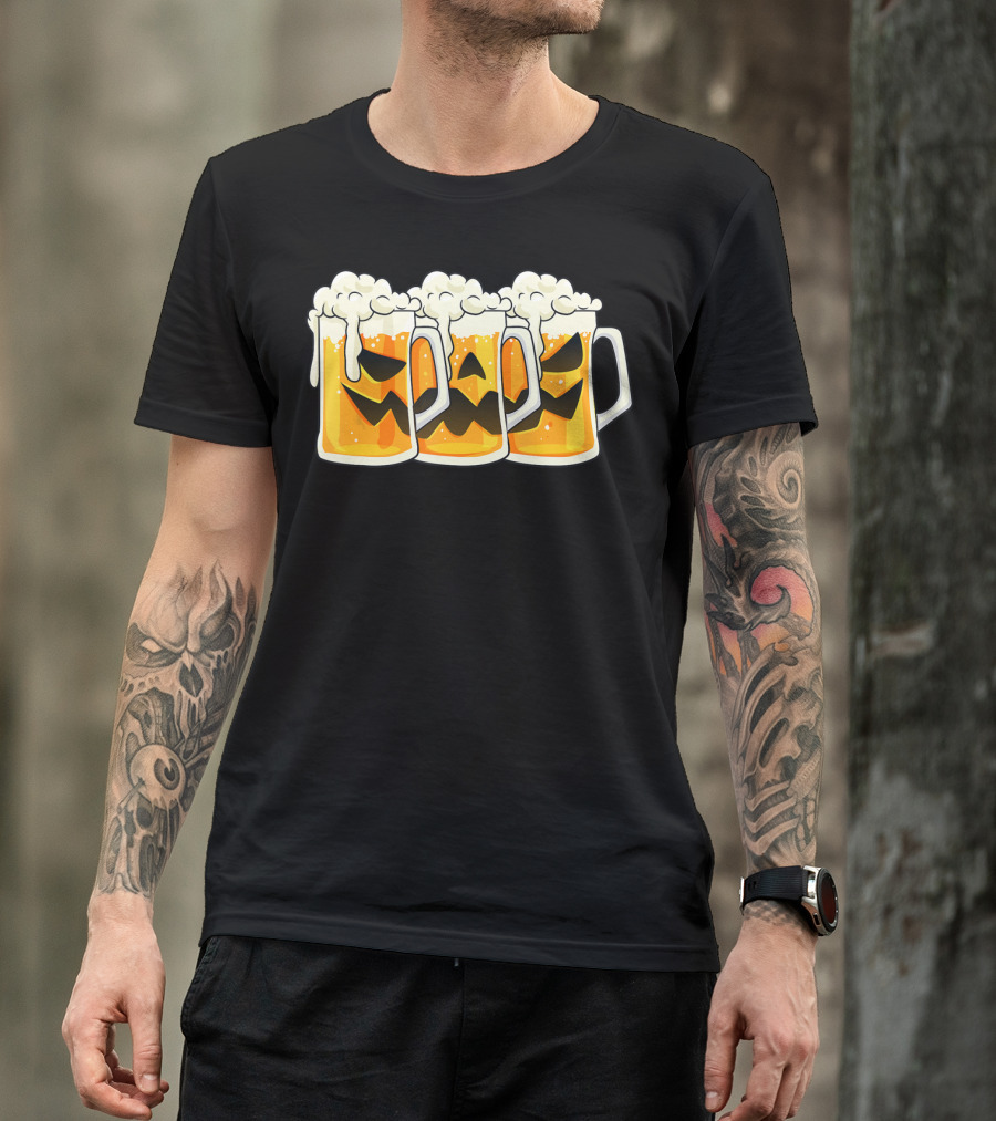 Halloween Jack O Lantern Beer Mug Faces T-Shirt