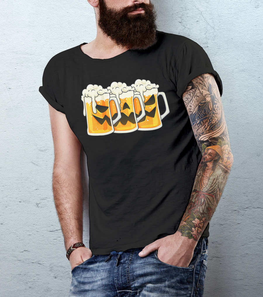 Halloween Jack O Lantern Beer Mug Faces T-Shirt
