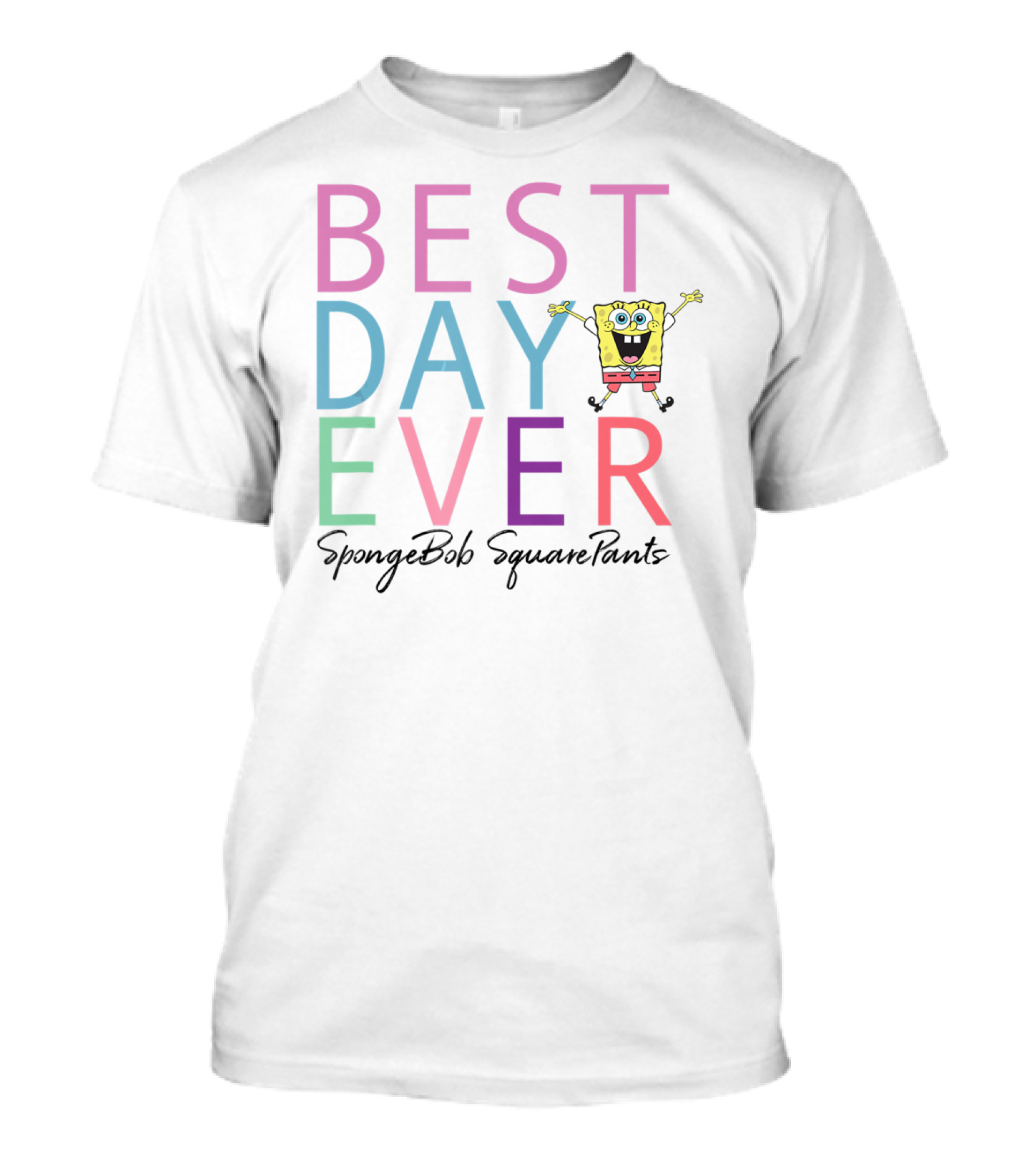 SpongeBob SquarePants Best Day Ever Colorful Text And Character Jumping T-Shirt