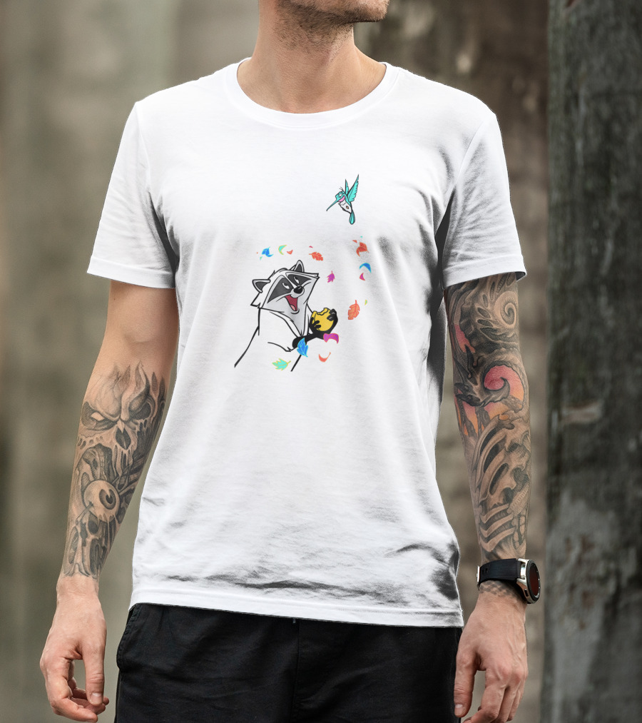 Disney Pocahontas Meeko Flit Colorful Leaves Fall Playful Autumn Scene T-Shirt