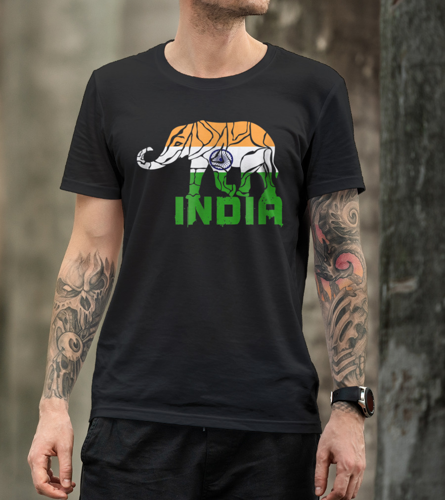 India Elephant With National Flag Colors And India Text T-Shirt