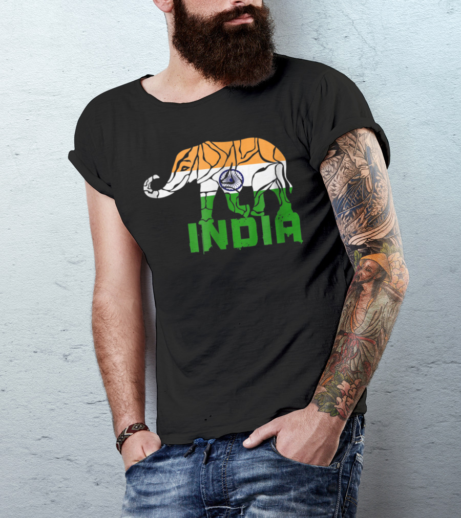 India Elephant With National Flag Colors And India Text T-Shirt