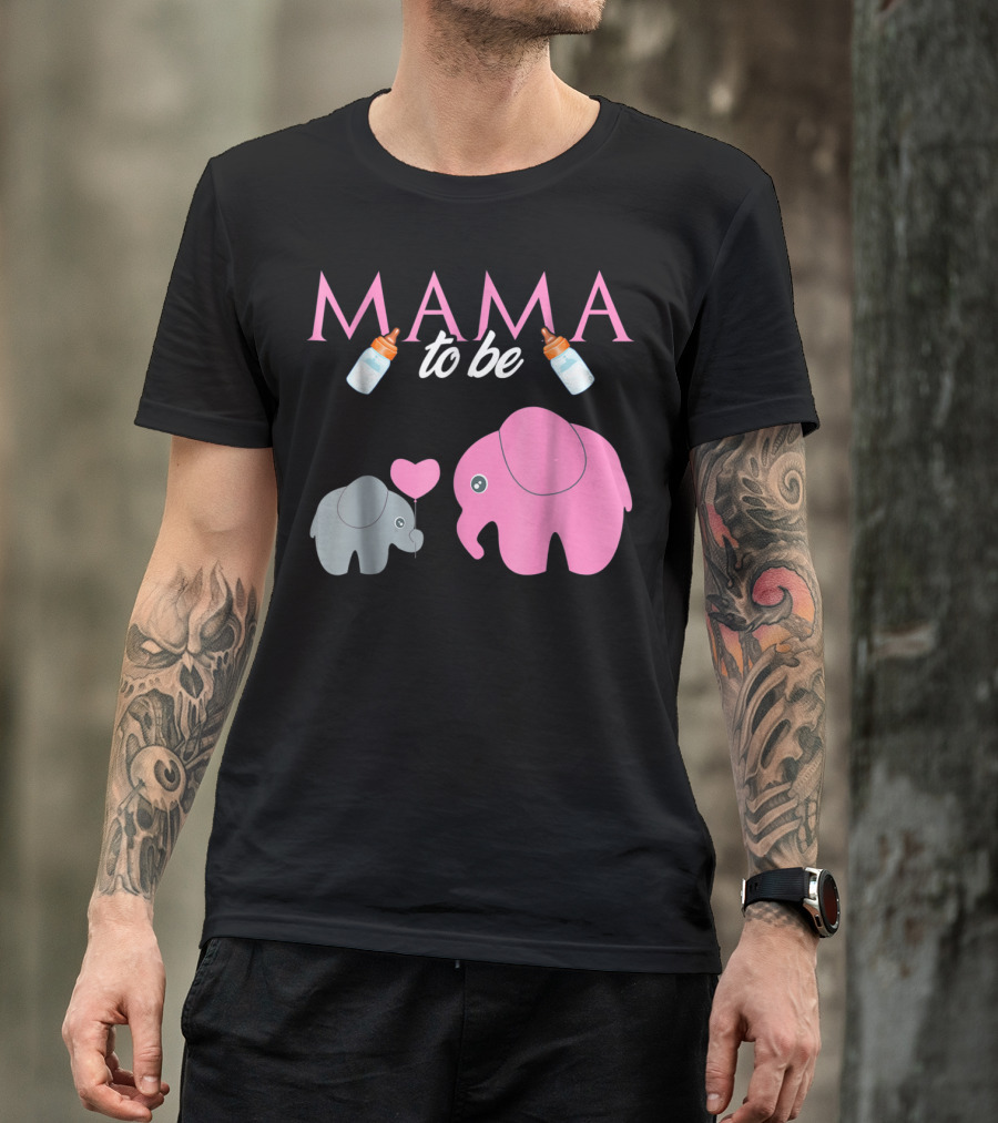 Mama To Be Pink Elephant Baby Shower With Milk Bottles And Heart Balloon T-Shirt