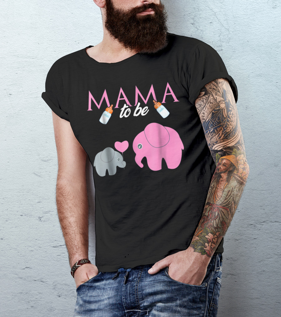 Mama To Be Pink Elephant Baby Shower With Milk Bottles And Heart Balloon T-Shirt