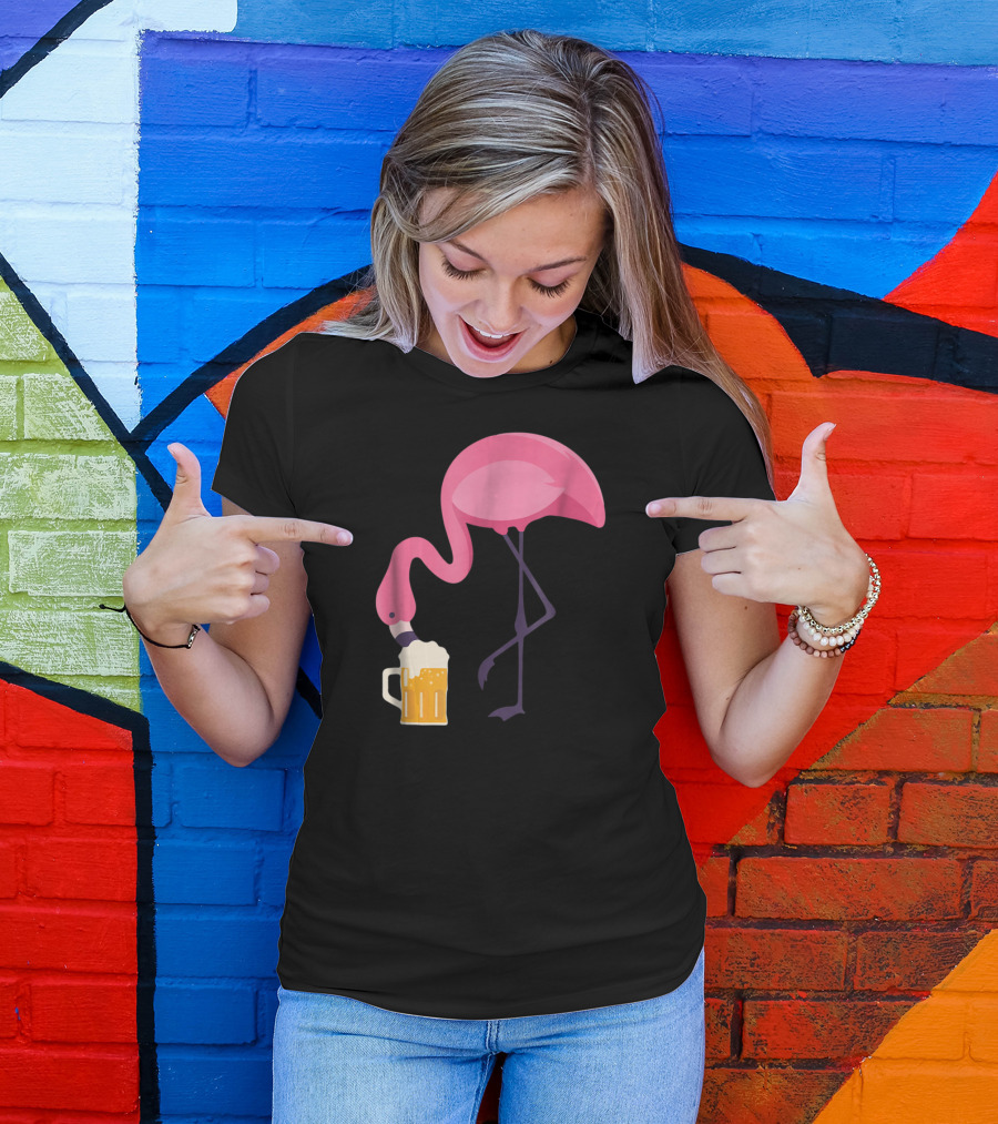 Flamingo Drinking Beer Concept With Pink Bird And Pint Glass T-Shirt